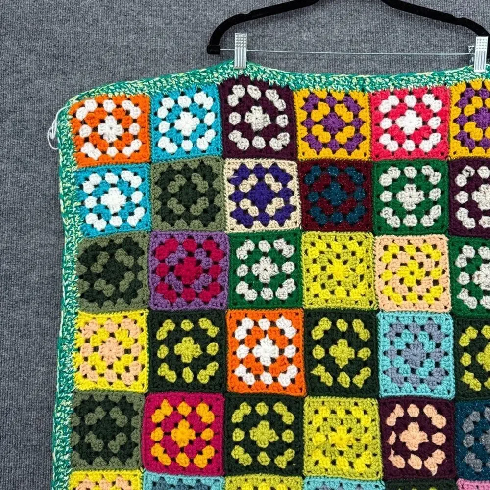 Crochet Granny Square Baby Blanket Small Ivory Multicolor Handmade 33X38 Afghan